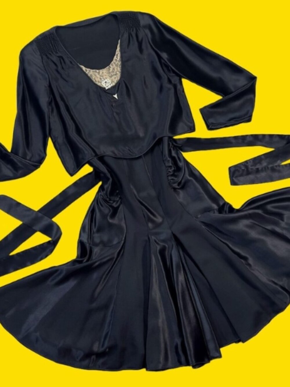Midnight Deco Muse — 1930s Black Satin Dress with Dramatic Drape & Lace Detail